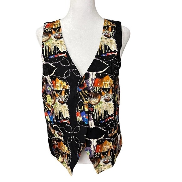 Vintage Nicole Miller Printed Vest Cowboy Rodeo Western Silk Black Size Large - Picture 2 of 11